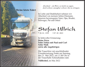 Traueranzeige von Stefan Ullrich von Südthüringer Presse