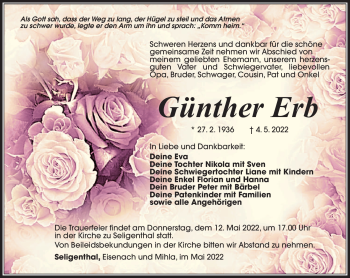 Traueranzeige von Günther Erb von Südthüringer Presse