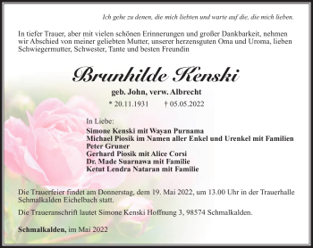 Traueranzeige von Brunhilde Kenski von Südthüringer Presse