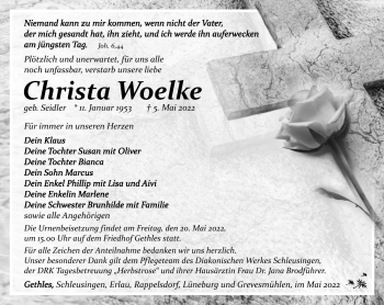 Traueranzeige von Christa Woelke von Südthüringer Presse