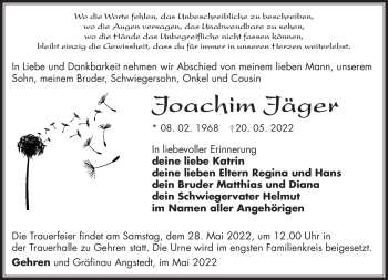 Traueranzeige von Joachim Jäger von Südthüringer Presse
