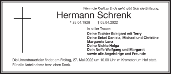 Traueranzeige von Hermann Schrenk von Frankenpost