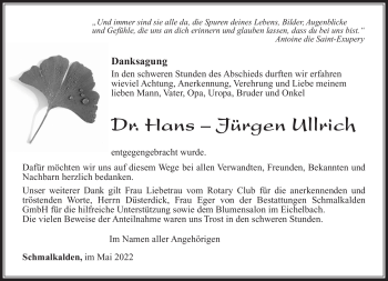 Traueranzeige von Hans-Jürgen Ullrich von Südthüringer Presse