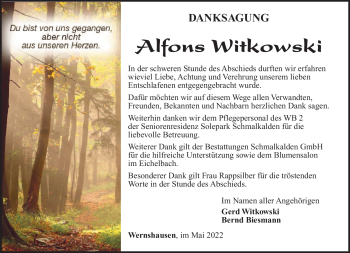 Traueranzeige von Alfons Witkowski von Südthüringer Presse