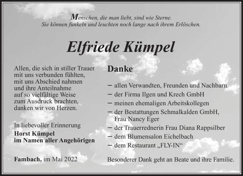  Traueranzeige für Elfriede Kümpel vom 13.05.2022 aus Südthüringer Presse