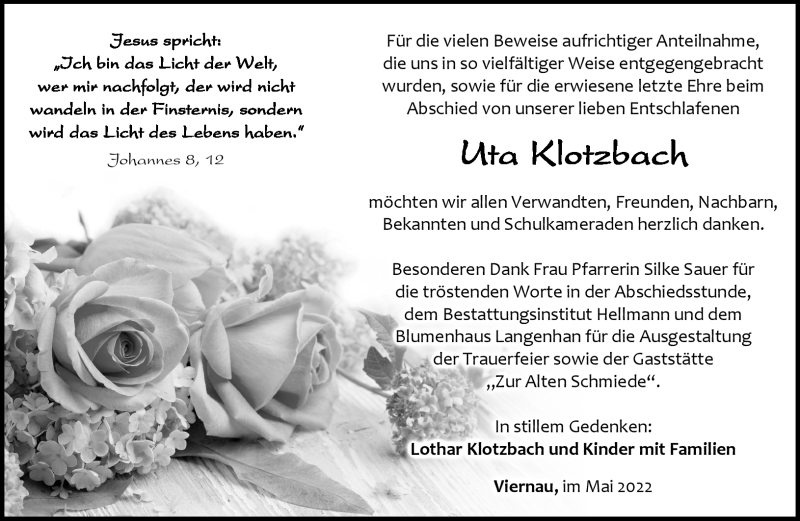  Traueranzeige für Uta Klotzbach vom 14.05.2022 aus Südthüringer Presse
