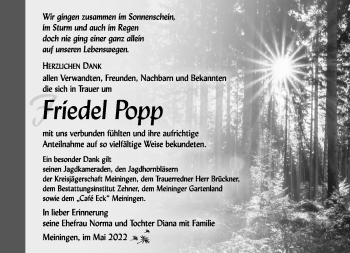 Traueranzeige von Friedel Popp von Südthüringer Presse