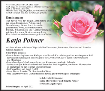 Traueranzeige von Katja Pohner von Südthüringer Presse