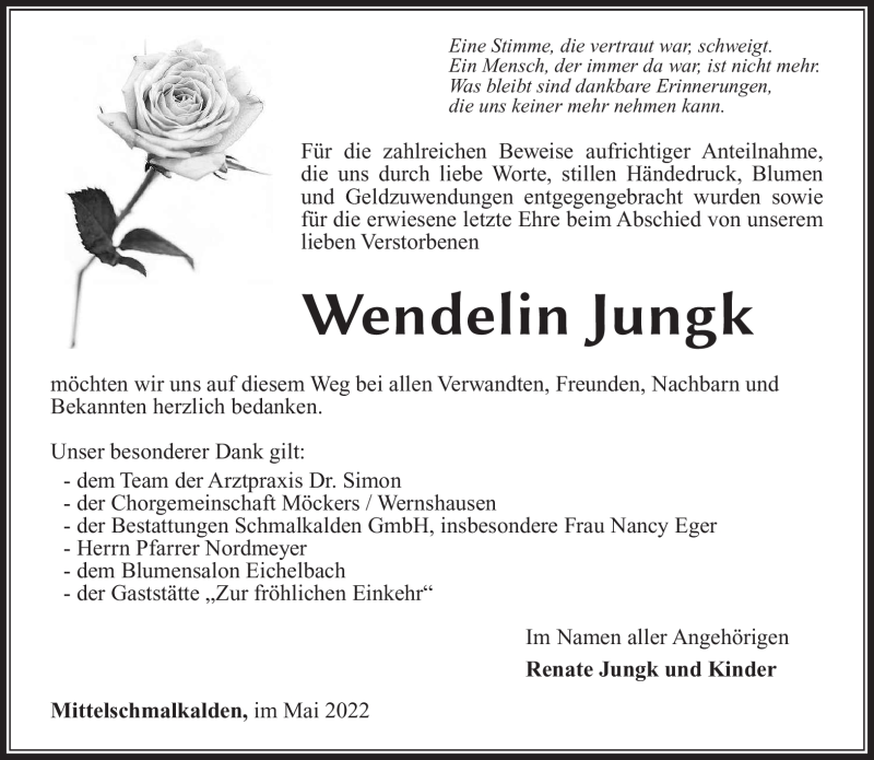 Traueranzeige für Wendelin Jungk vom 14.05.2022 aus Südthüringer Presse