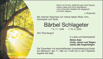 Traueranzeige von Bärbel Schlageter von Frankenpost