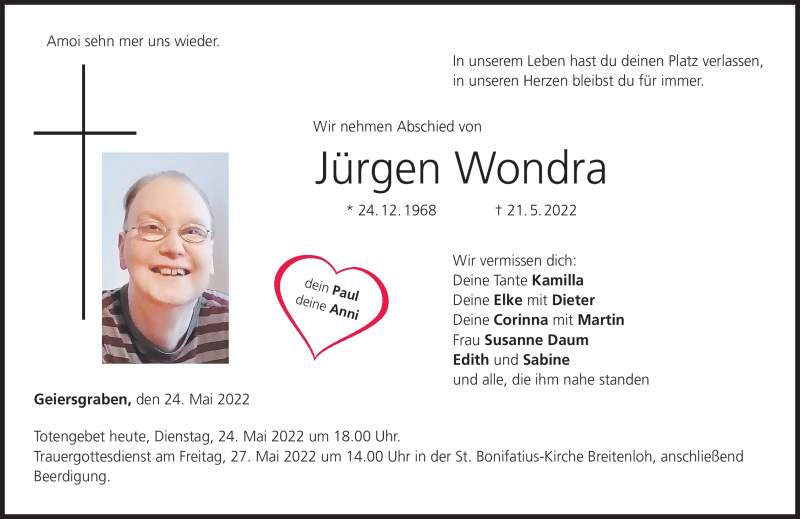  Traueranzeige für Jürgen Wondra vom 24.05.2022 aus Neue Presse Coburg