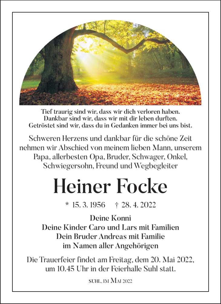  Traueranzeige für Heiner Focke vom 07.05.2022 aus Südthüringer Presse