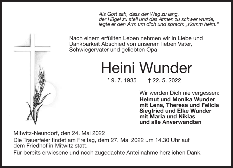  Traueranzeige für Heini Wunder vom 24.05.2022 aus Neue Presse Coburg