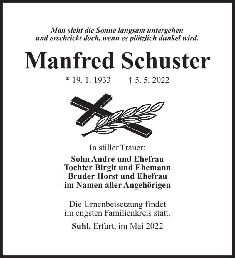  Traueranzeige für Manfred Schuster vom 28.05.2022 aus Südthüringer Presse