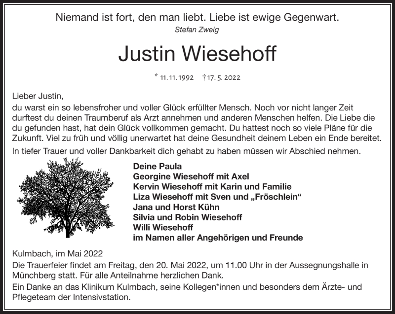 Traueranzeige für Justin Wiesehoff vom 19.05.2022 aus Frankenpost