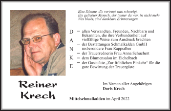 Traueranzeige von Reiner Krech von Südthüringer Presse