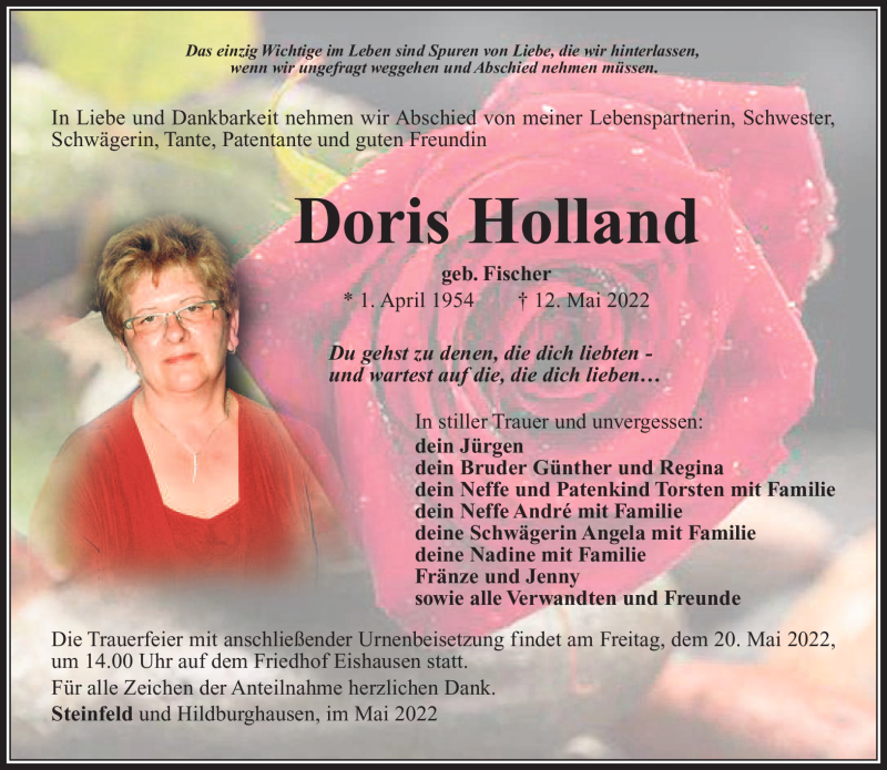  Traueranzeige für Doris Holland vom 14.05.2022 aus Südthüringer Presse