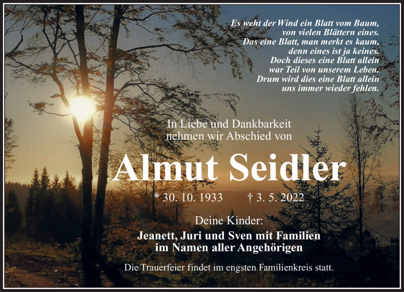  Traueranzeige für Almut Seidler vom 28.05.2022 aus Südthüringer Presse