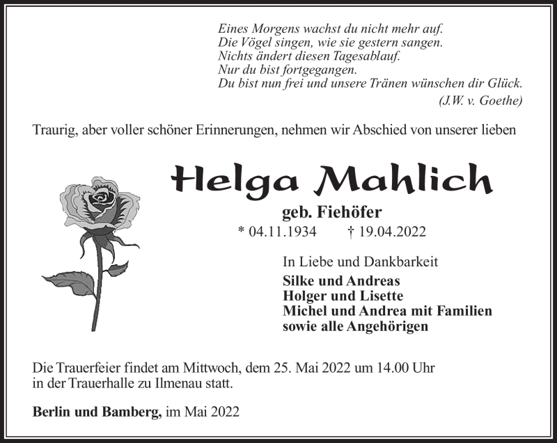  Traueranzeige für Helga Mahlich vom 14.05.2022 aus Südthüringer Presse