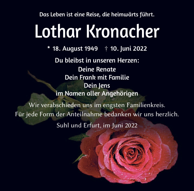  Traueranzeige für Lothar Kronacher vom 18.06.2022 aus Südthüringer Presse