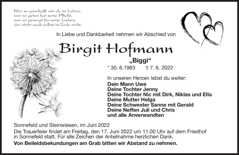  Traueranzeige für Birgit Hofmann vom 15.06.2022 aus Neue Presse Coburg