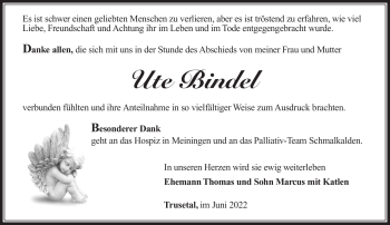Traueranzeige von Ute Bindel von Südthüringer Presse