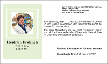 Traueranzeige von Heidrun Fröhlich von Südthüringer Presse