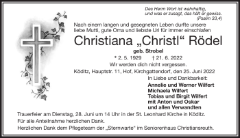 Traueranzeige von Christiana Rödel von Frankenpost