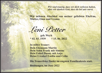 Traueranzeige von Leni Petter von Südthüringer Presse