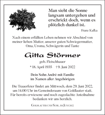 Traueranzeige von Gitta Störmer von Südthüringer Presse