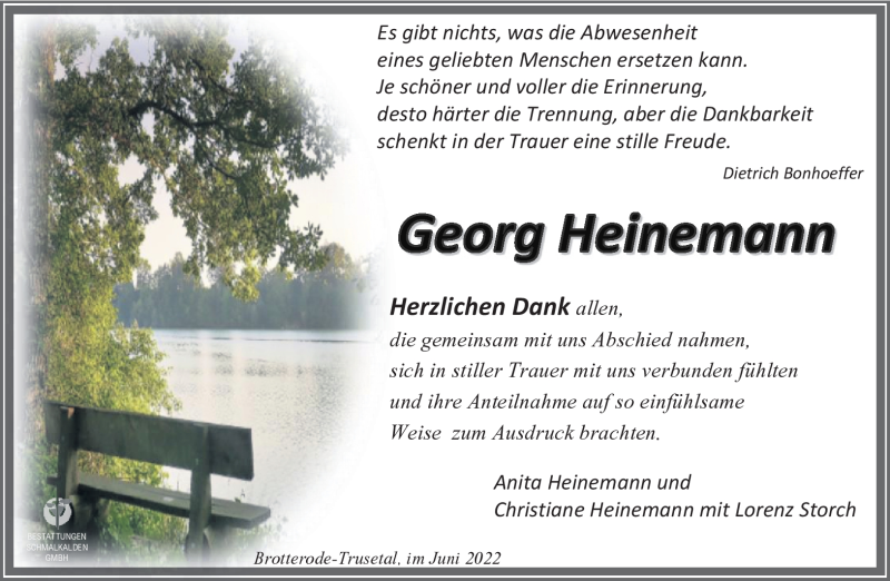  Traueranzeige für Georg Heinemann vom 25.06.2022 aus Südthüringer Presse