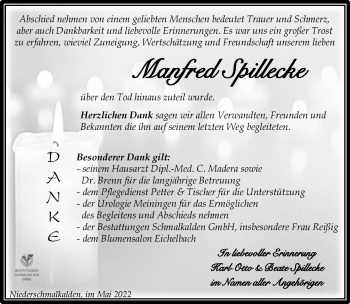 Traueranzeige von Manfred Spillecke von Südthüringer Presse