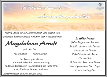 Traueranzeige von Magdalene Arndt von Südthüringer Presse