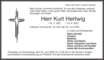 Traueranzeige von Kurt Hertwig von Frankenpost