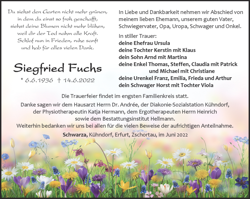  Traueranzeige für Siegfrie Fuchs vom 25.06.2022 aus Südthüringer Presse