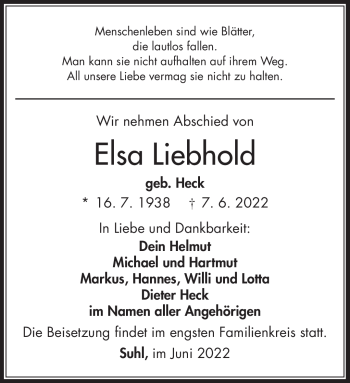 Traueranzeige von Elsa Liebhold von Südthüringer Presse
