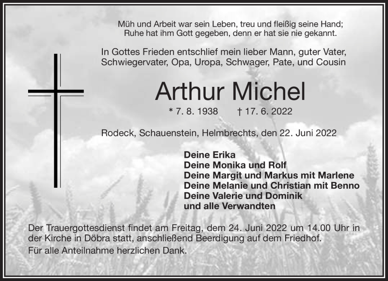  Traueranzeige für Arthur Michel vom 22.06.2022 aus Frankenpost