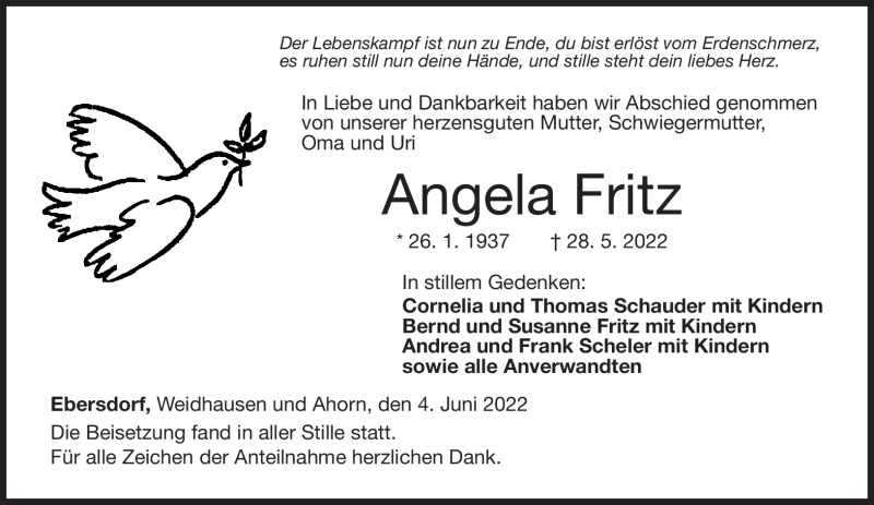  Traueranzeige für Angela Fritz vom 04.06.2022 aus Neue Presse Coburg