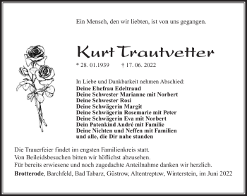 Traueranzeige von Kurt Trautvetter von Südthüringer Presse