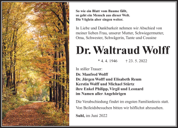 Traueranzeige von Waltraud Wolff von Südthüringer Presse