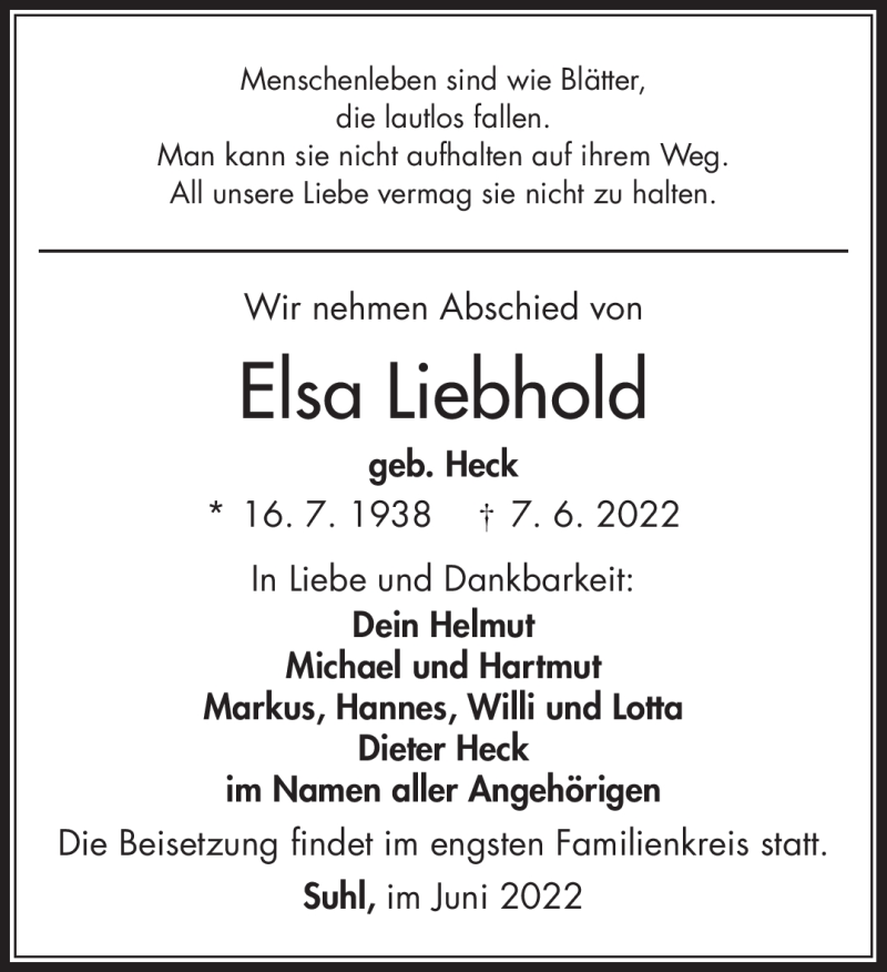  Traueranzeige für Elsa Liebhold vom 18.06.2022 aus Südthüringer Presse