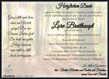 Traueranzeige von Lore Breithaupt von Südthüringer Presse