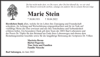 Traueranzeige von Marie Stein von Südthüringer Presse