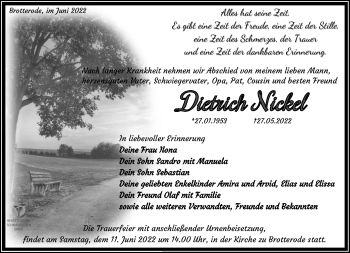 Traueranzeige von Dietrich Nickel von Südthüringer Presse