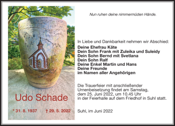Traueranzeige von Udo Schade von Südthüringer Presse