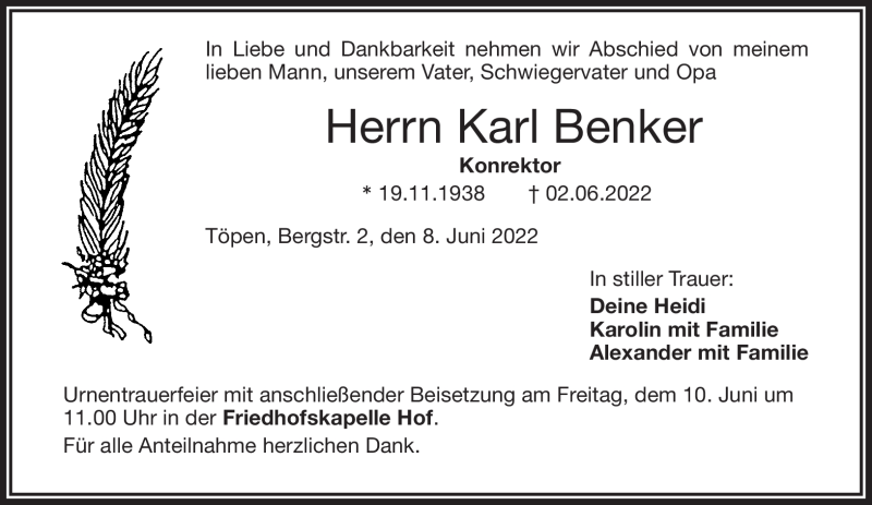  Traueranzeige für Karl Benker vom 08.06.2022 aus Frankenpost