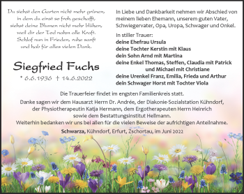 Traueranzeige von Siegfrie Fuchs von Südthüringer Presse