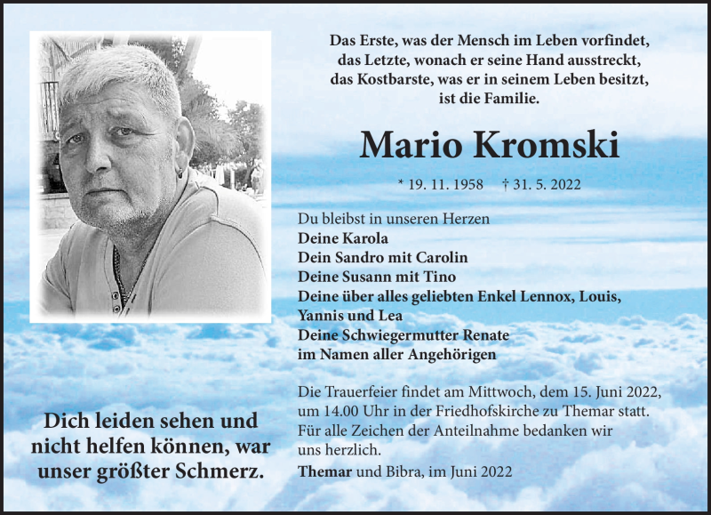  Traueranzeige für Mario Kromski vom 11.06.2022 aus Südthüringer Presse