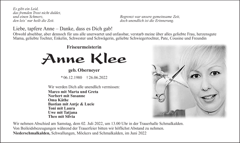  Traueranzeige für Anne Klee vom 29.06.2022 aus Südthüringer Presse