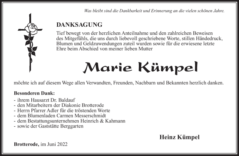  Traueranzeige für Marie Kümpel vom 25.06.2022 aus Südthüringer Presse